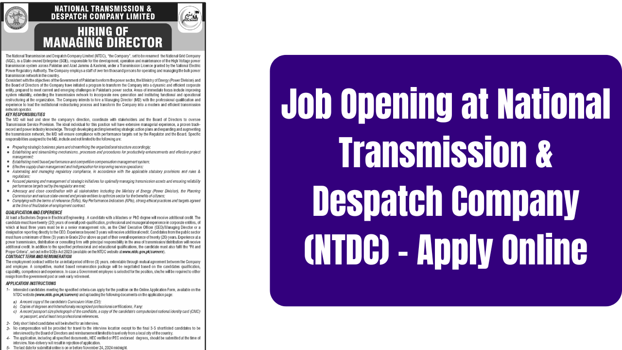 Job Opening at National Transmission & Despatch Company