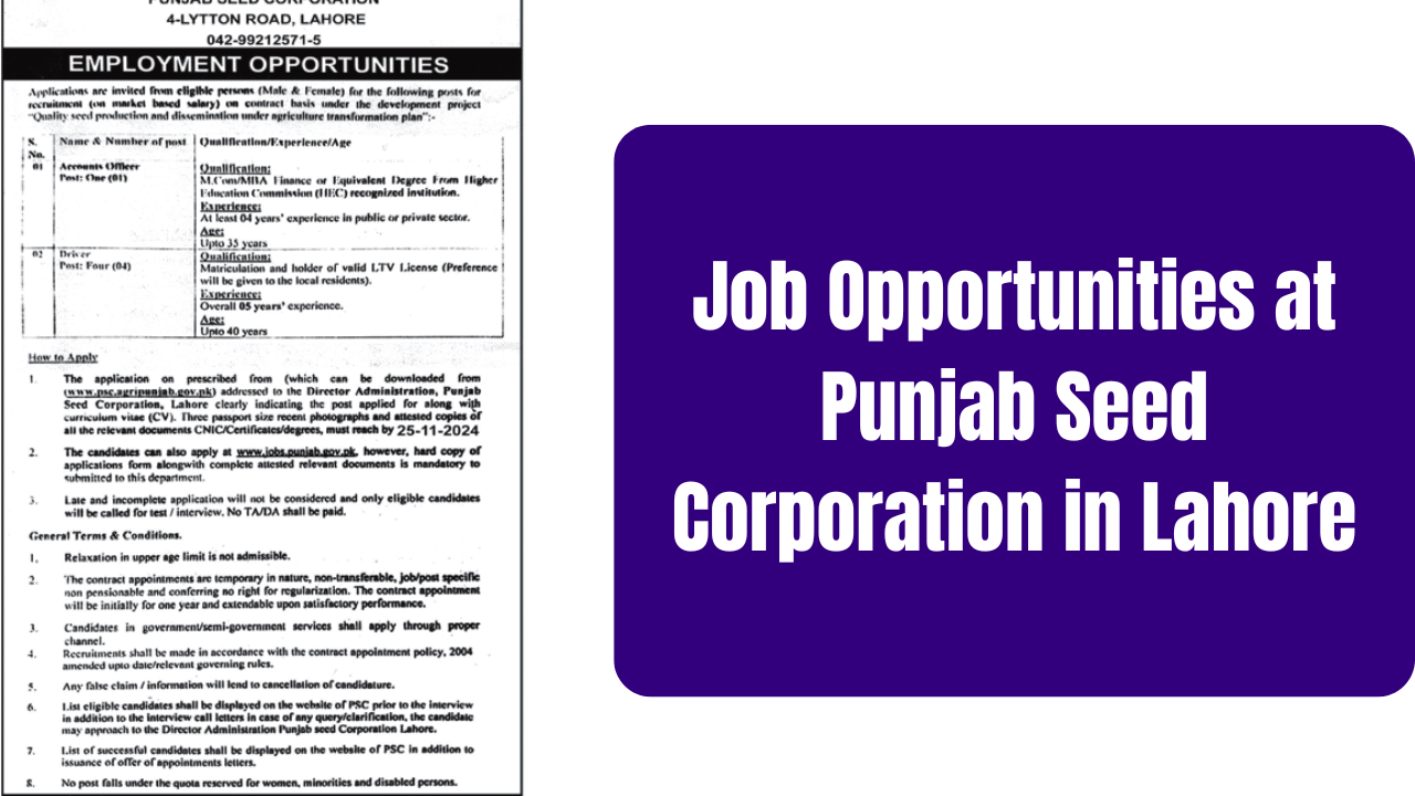 Job Opportunities at Punjab Seed Corporation