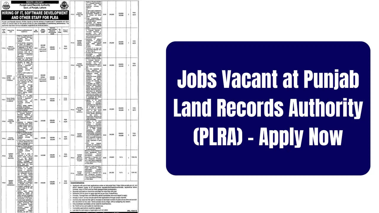 Jobs Vacant at Punjab Land Records Authority