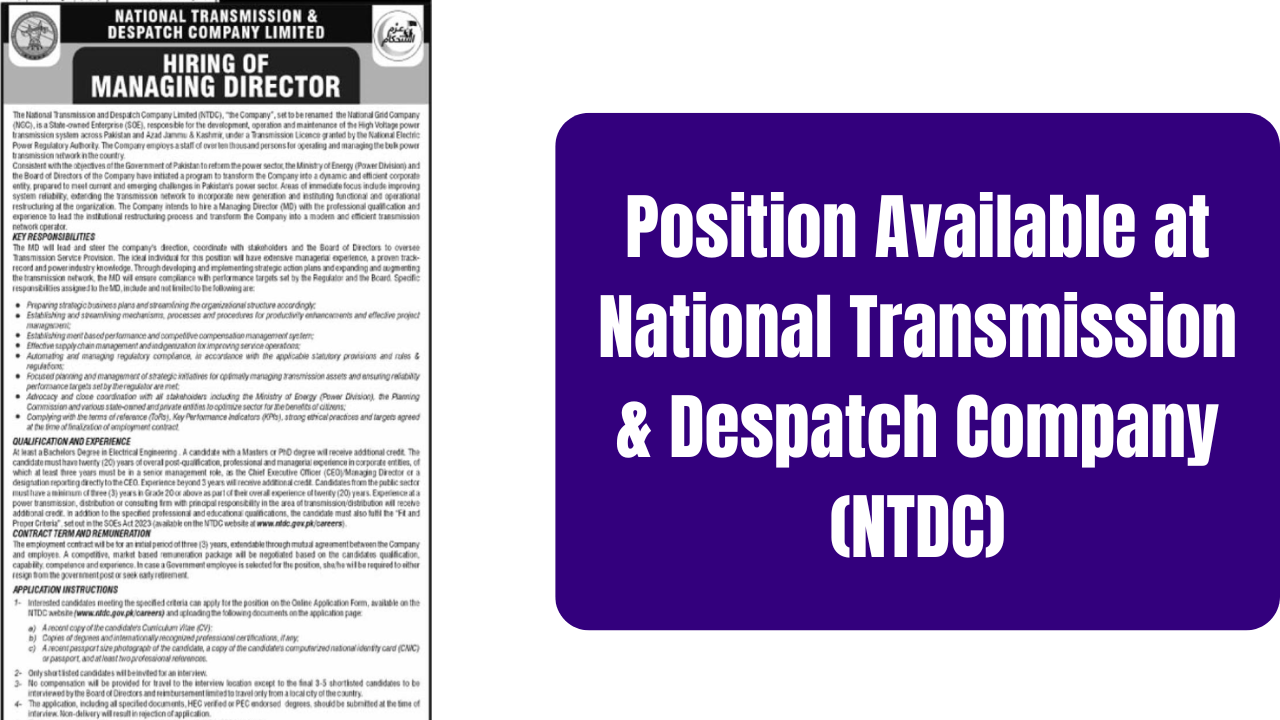 Position Available at National Transmission & Despatch