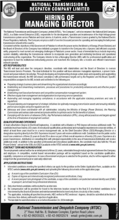 Position Available at National Transmission & Despatch