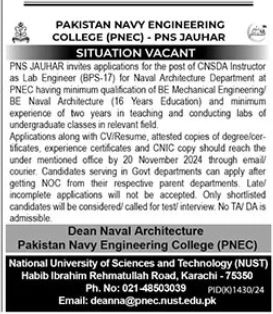 Pakistan Navy Engineering College Karachi Job