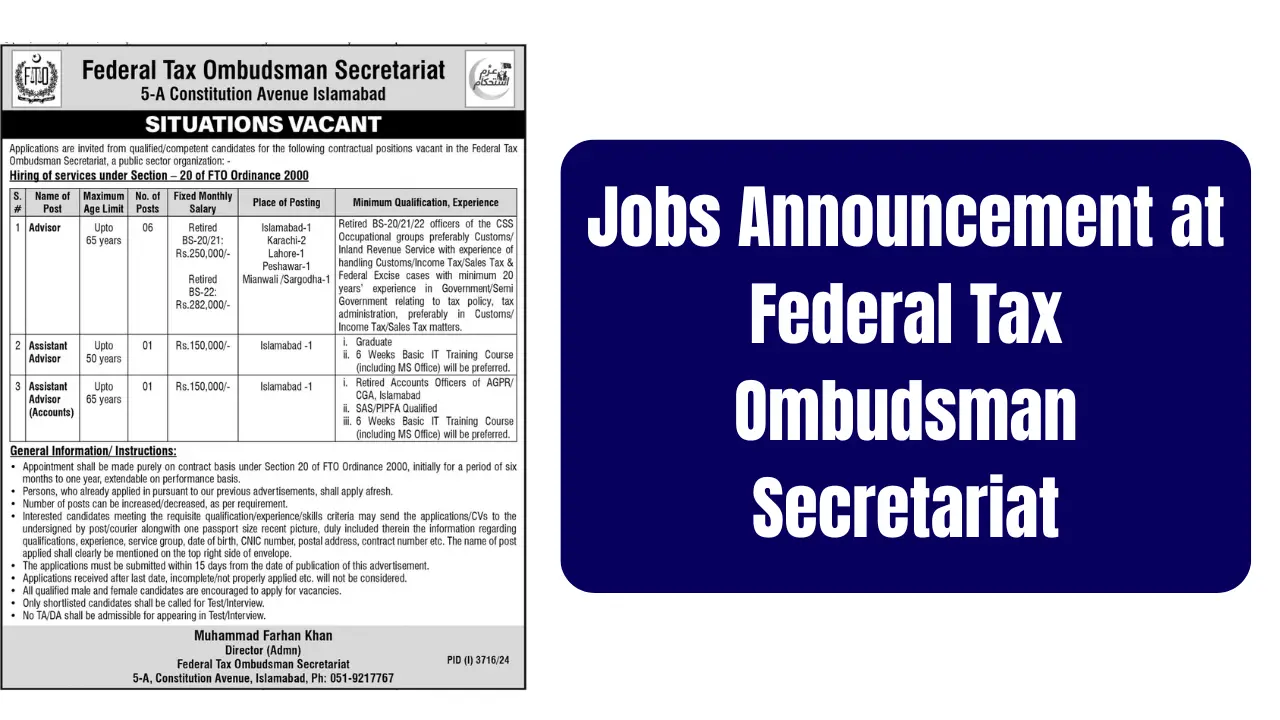 Jobs Announcement at Federal Tax Ombudsman Secretariat