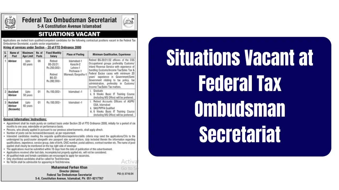 Situations Vacant at Federal Tax Ombudsman Secretariat