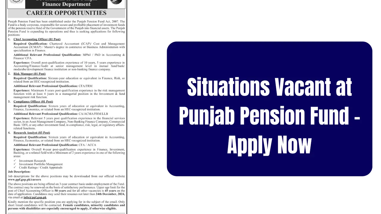 Situations Vacant at Punjab Pension Fund